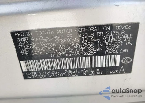 2006 Lexus Is 350 z USA, uszkodzony, nr VIN JTHBE262765006256